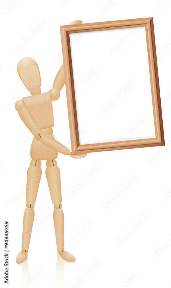 Artist mannequin with blank wooden picture frame. Isolated vector illustration on white background. Artist mannequin with blank wooden picture frame. Isolated vector illustration on white background.