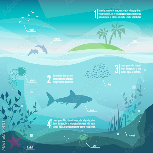 Underwater infographics. Landscape of marine life - Island in the ocean and underwater world with different animals. Low polygon style flat illustrations. For web and mobile phone,print. © fleren
