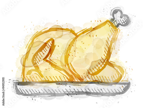 Painting of outline roast turkey, chicken with watercolor effect
