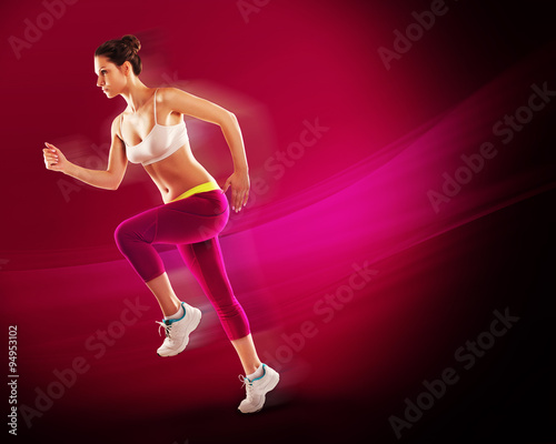 Sport. Athlete runner in silhouettes on red background