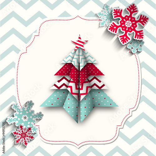 colorful origami tree with snowflakes, abstract christmas illustration