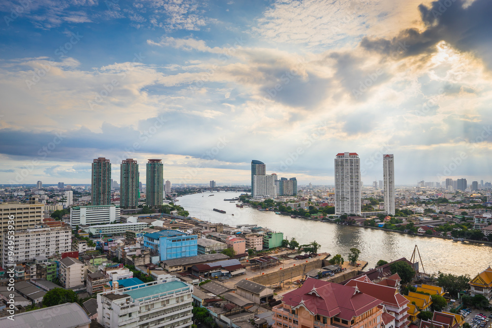 beautiful curve of chao phraya river and high building sky scrap Stock