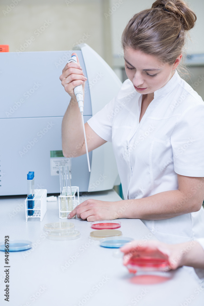 Microbiologist with pipette preparing samples