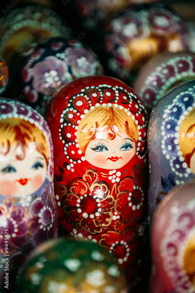 Colorful Russian Nesting Dolls Matreshka At Market. 