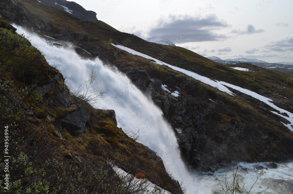 Large waterfall on mountain slope, Swedish subarctic Lapland