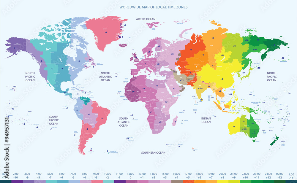 color worldwide map of local time zones
