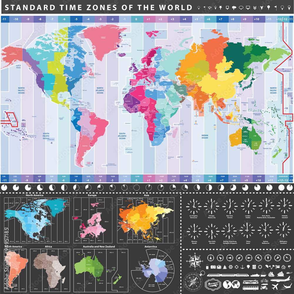 Obraz premium Colorful world standard time zones map. Maps of each continent. Time zones clocks icons and travel icons