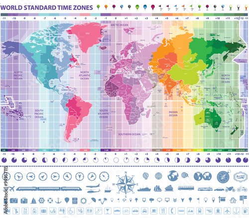 world standard time zones map with clocks, navigation and travel icons