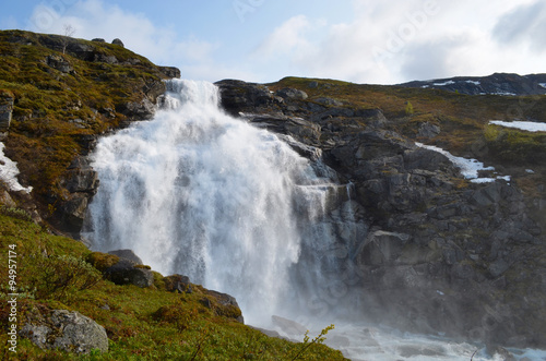 Large waterfall on mountain slope, Swedish subarctic Lapland