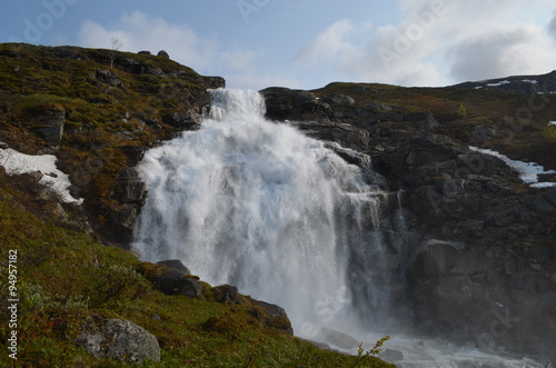 Large waterfall on mountain slope, Swedish subarctic Lapland