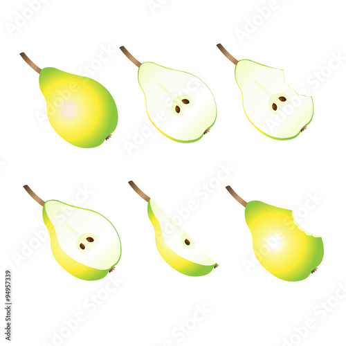 Ripe pears, pears slices on a white background.
