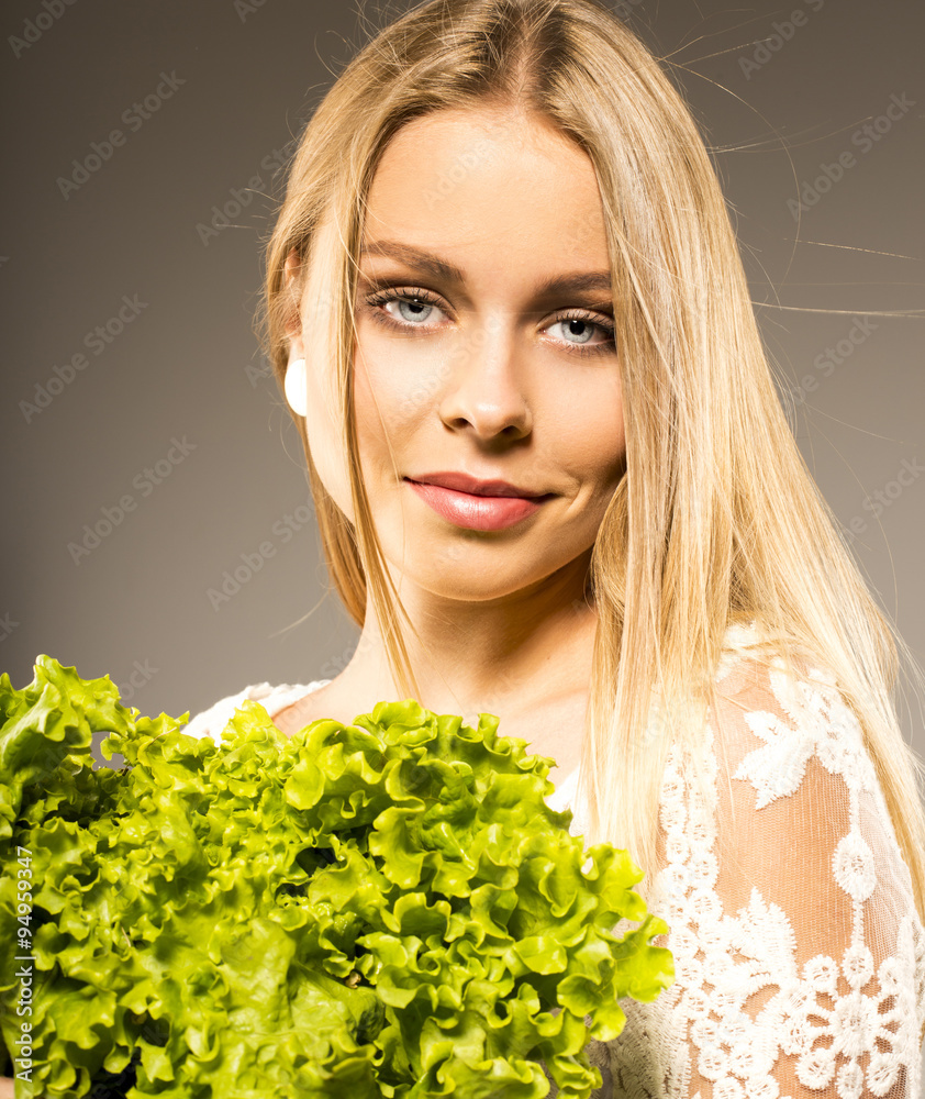 blonde with green salad