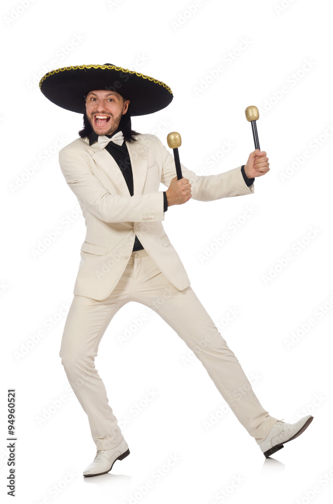 Funny mexican in suit holding maracas isolated on white Funny mexican in suit holding maracas isolated on white