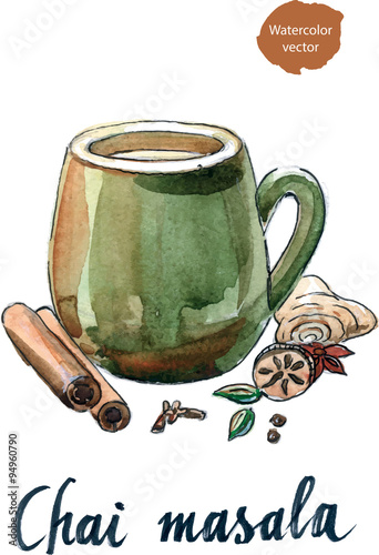 Watercolor masala chai and ingredients