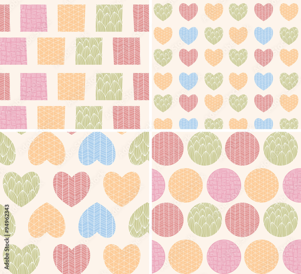 Fototapeta premium Four seamless patterns with ornamental line drawings, hearts, sq