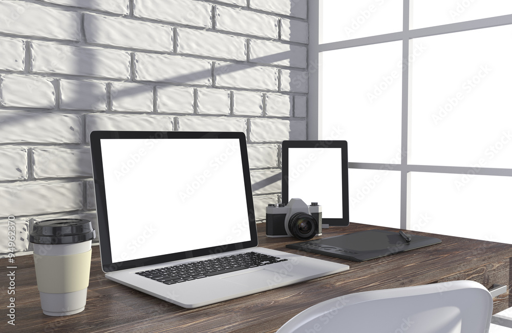 Fototapeta premium 3D illustration laptop and work stuff on table near brick wall, Workspace