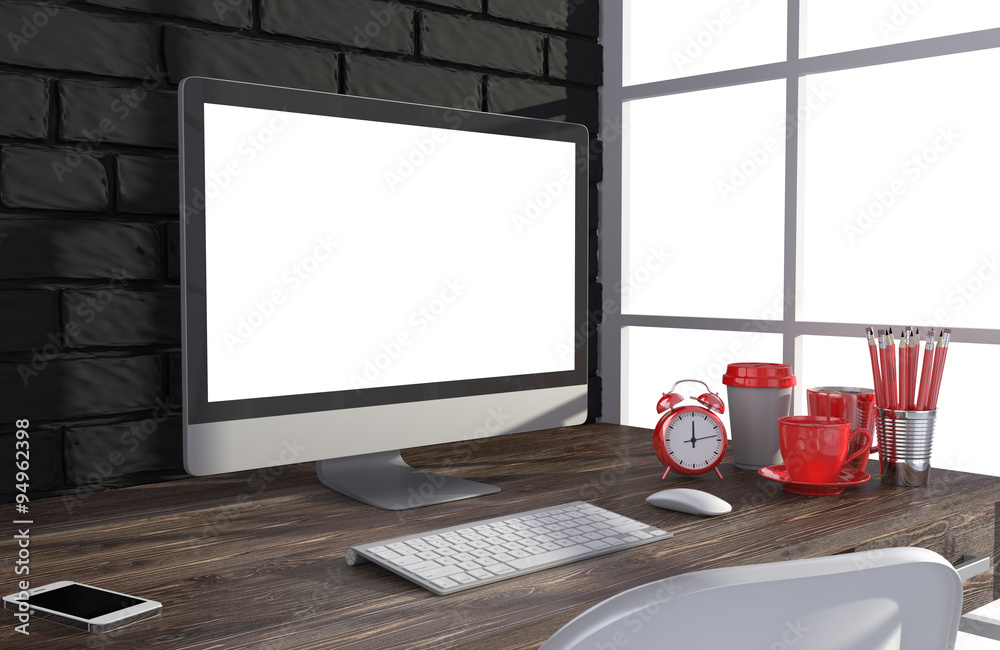 Fototapeta premium 3D illustration PC screen on table in office, Workspace