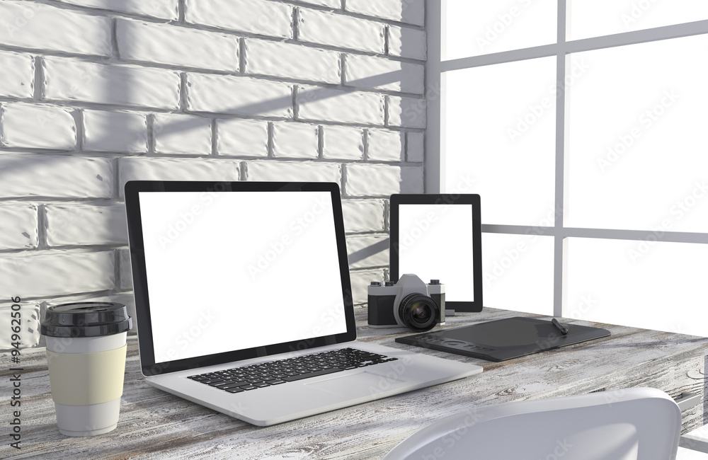 Fototapeta premium 3D illustration laptop and work stuff on table near brick wall, Workspace