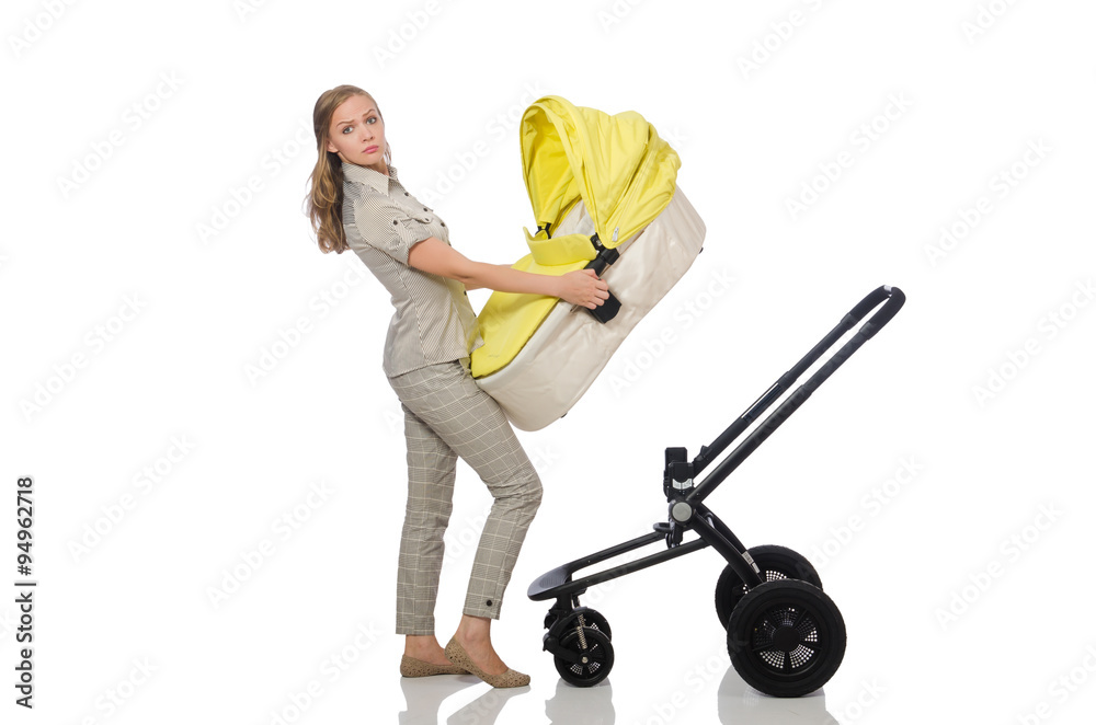 Woman with pram isolated on white Woman with pram isolated on white