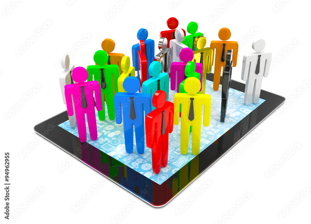 group of people figures on tablet PC, 3d render group of people figures on tablet PC, 3d render