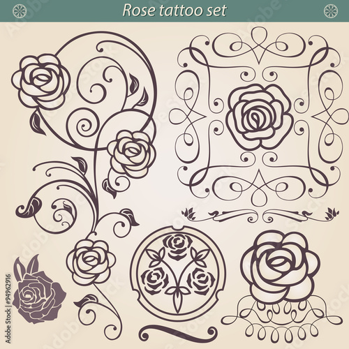 Rose tattoo floral silhouette set, element for design