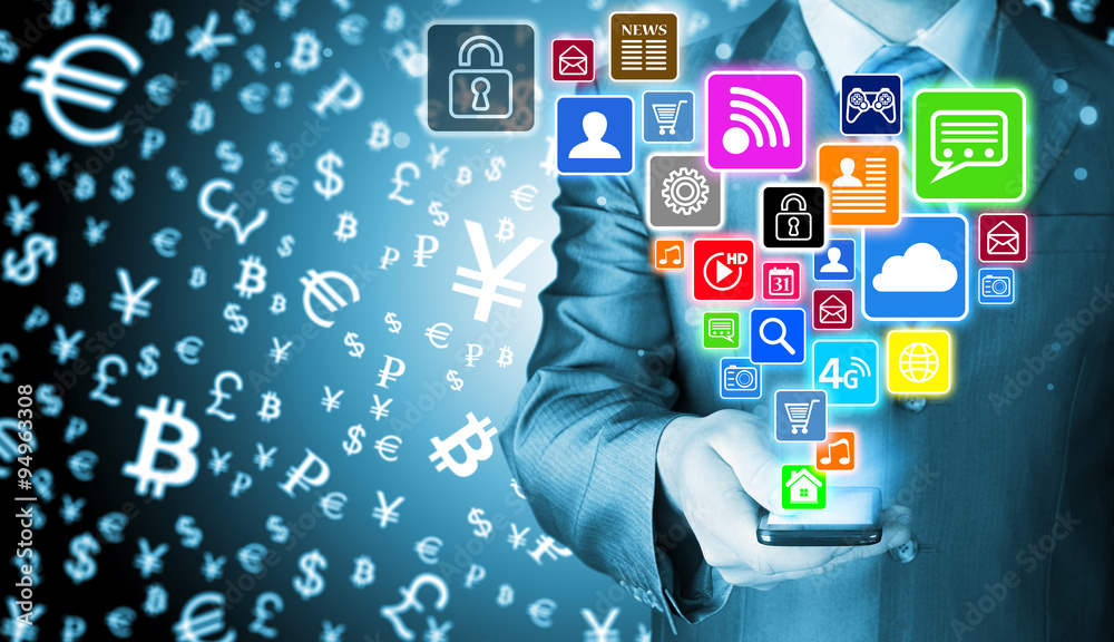 Business man using smart phone with social media icon set Business man using smart phone with social media icon set