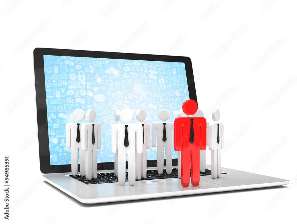 Fototapeta premium group of people figures on laptop, 3d render