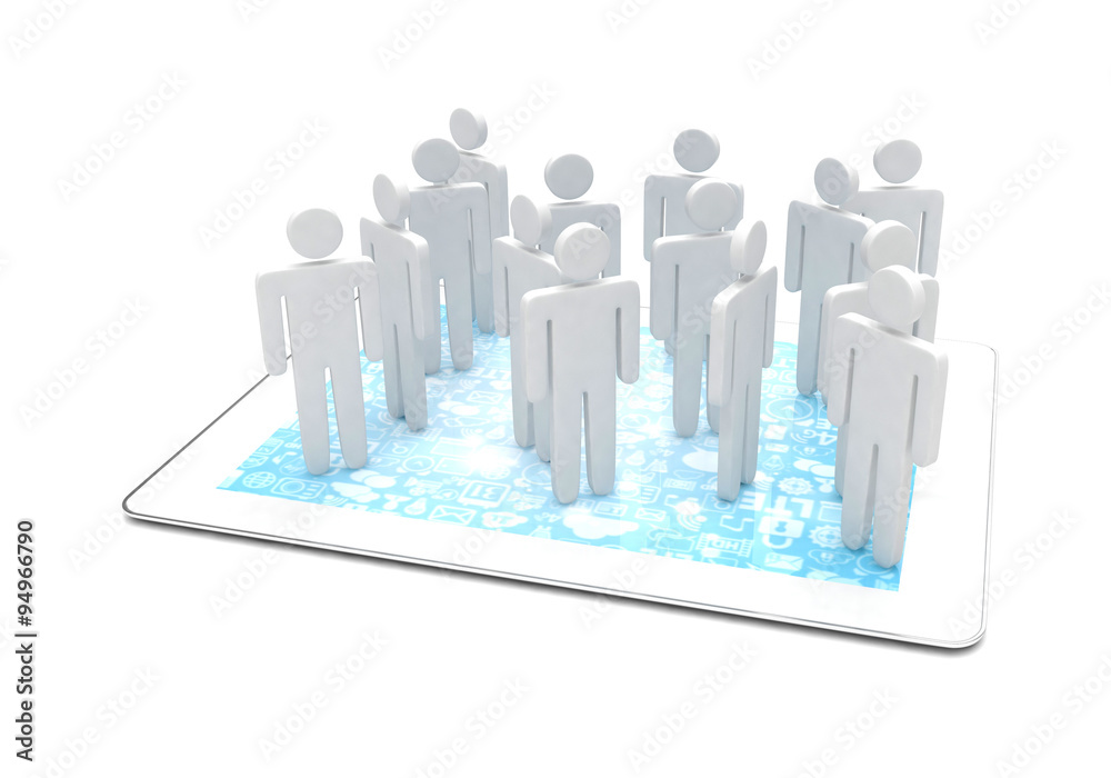 group of people figures on tablet PC, 3d render group of people figures on tablet PC, 3d render