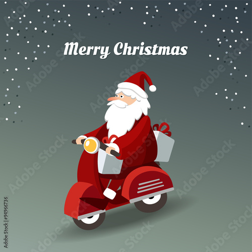 Cute christmas greeting card with Santa Claus driving red scooter and delivering gifts, vector © tabitazn