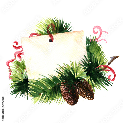 Christmas greetings. Greeting card with pine cone and red ribbon