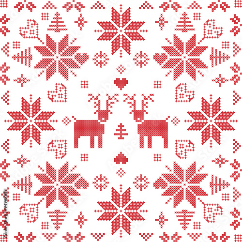 Scandinavian style Nordic winter stich, knitting seamless pattern in the square shape including snowflakes, trees,xmas snowflakes, hearts, reindeers and  Decorative elements in red e tile
