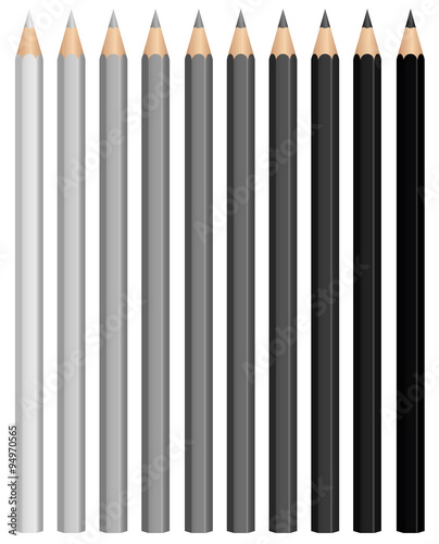 Pencils - charcoal crayons - gray scale from light gray to deep black. Illustration over white background. photo