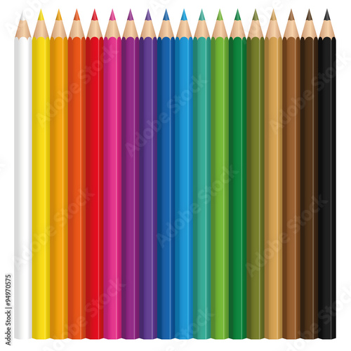 Colored pencil set with wood textured tips. Illustration over white background.