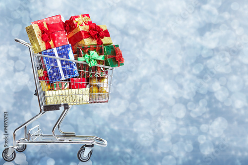 Shopping cart with gifts.