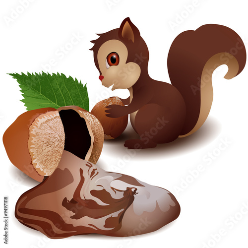 Squirrel with Hazelnut and Cream / Squirrel with hazelnut in hand, beside her, opened hazelnuts with green leaf from which flows the cream of hazelnut.