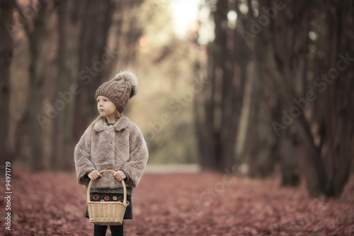 Adorable little girl with a basket outdoors at beautiful autumn park