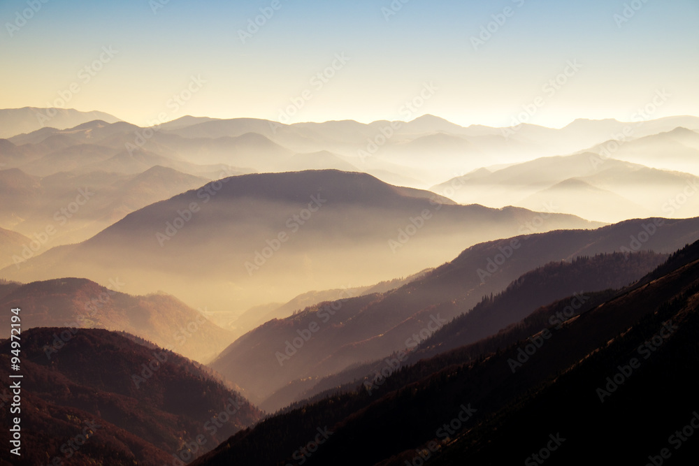 Scenic view of misty autumn hills and mountains in Slovakia