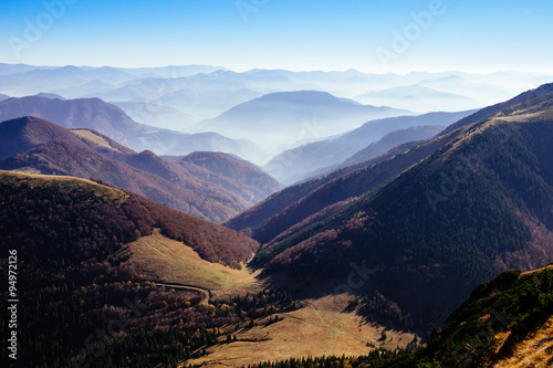 Scenic view of misty autumn hills and mountains, Slovakia