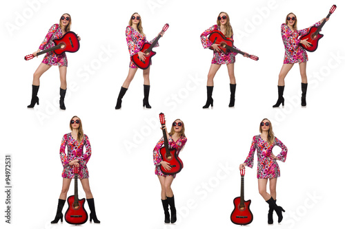 Woman guitar player isolated on white