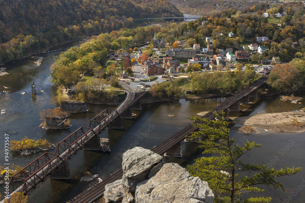 The historic Civil War town of Harpers Ferry at the confluence of the Potomac and Shenandoah Rivers.