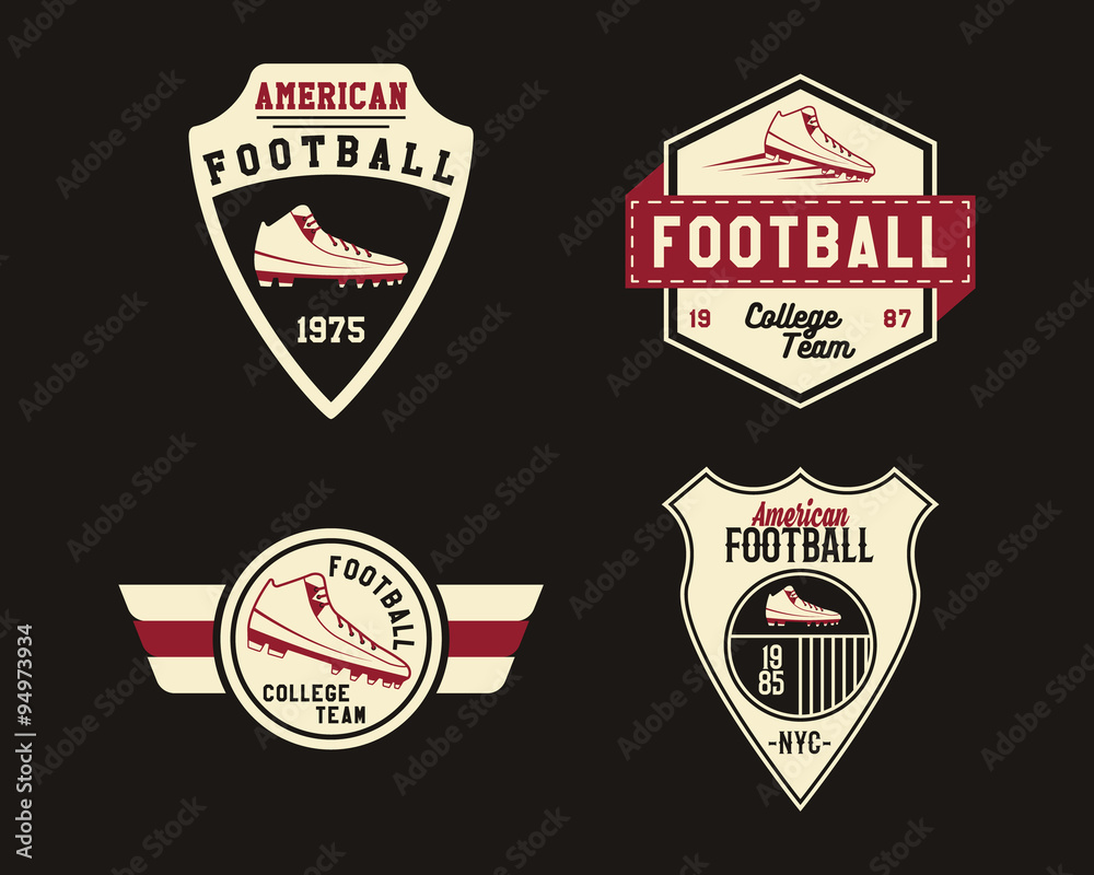 American football badge with cleats, sport logo, label, insignia set in retro color style. Graphic vintage design for t-shirt, web. Colorful print isolated on a dark background. Vector