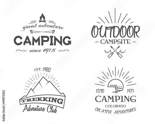 Retro badges and label logo graphics collection. Camping emblems, travel insignia. Monochrome vintage design. Family, canoe campsite, equipment shop etc. Vector