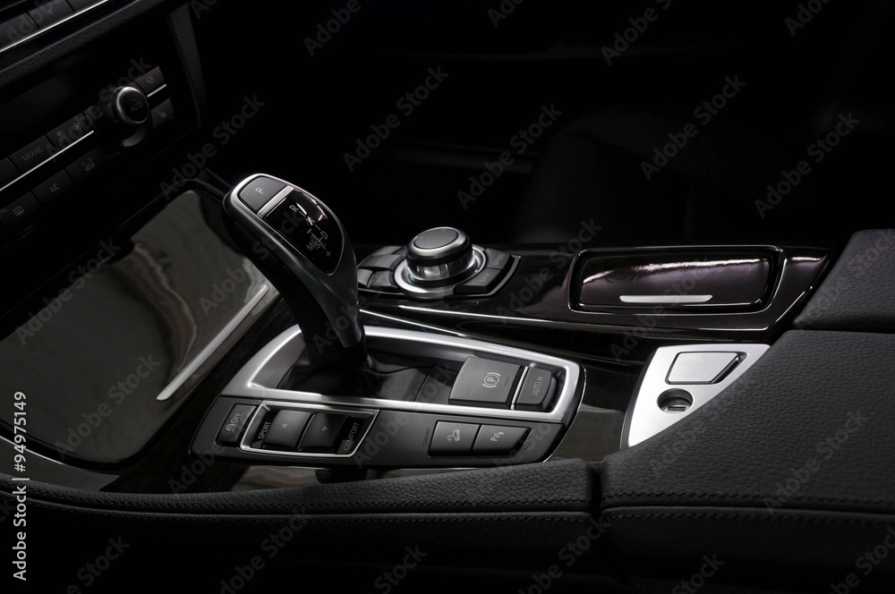 Gear shift in modern car. Interior detail.