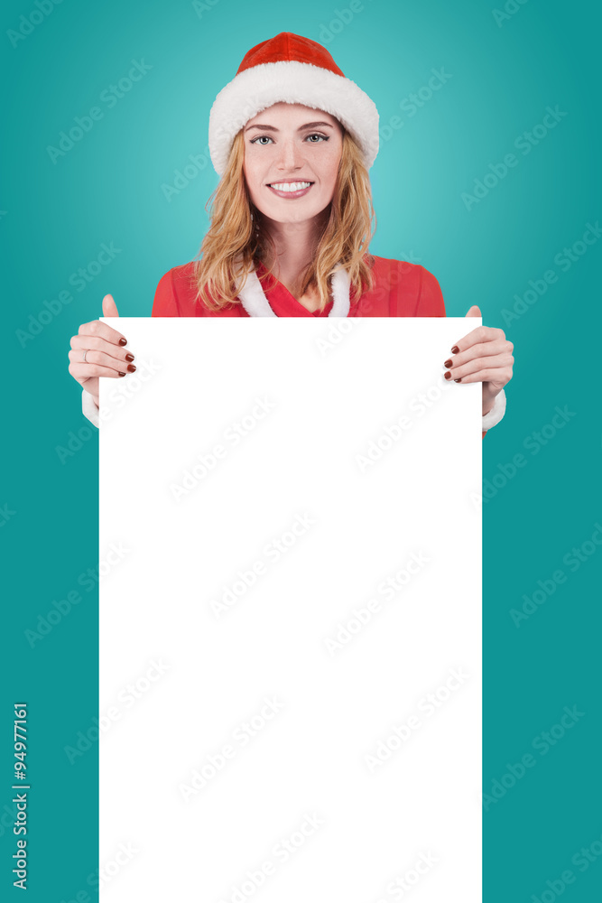 christmas woman in santa hat holding empty board christmas woman in santa hat holding empty board