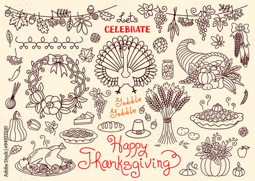 Let's celebrate Happy Thanksgiving doodles set. Traditional symbols - thanksgiving turkey, pumpkin pie, corn, cornucopia, wheat. Freehand vector drawings collection isolated