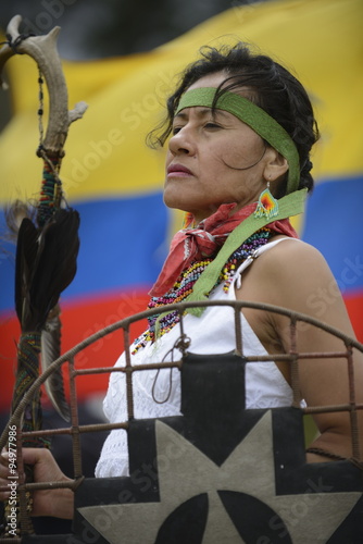 An Indian woman from Andes in traditional costume is celebrating the solstice holiday.
