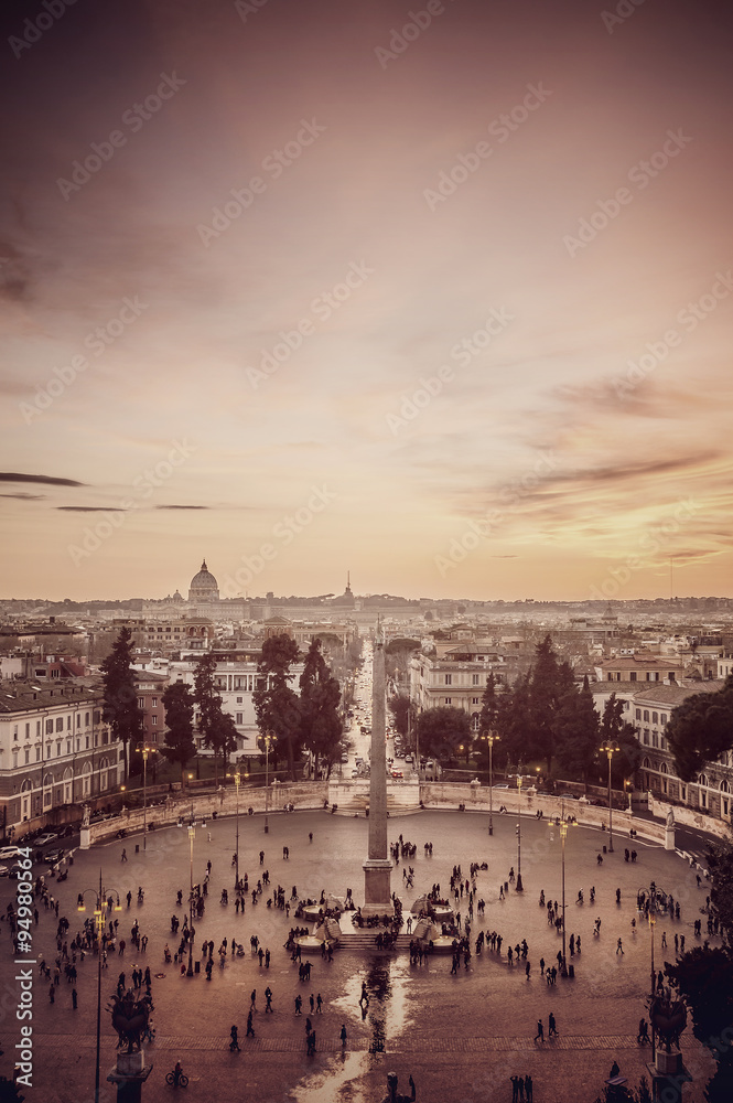 Sunset in Rome, Italy, over the Piazza del Popolo, vintage retro