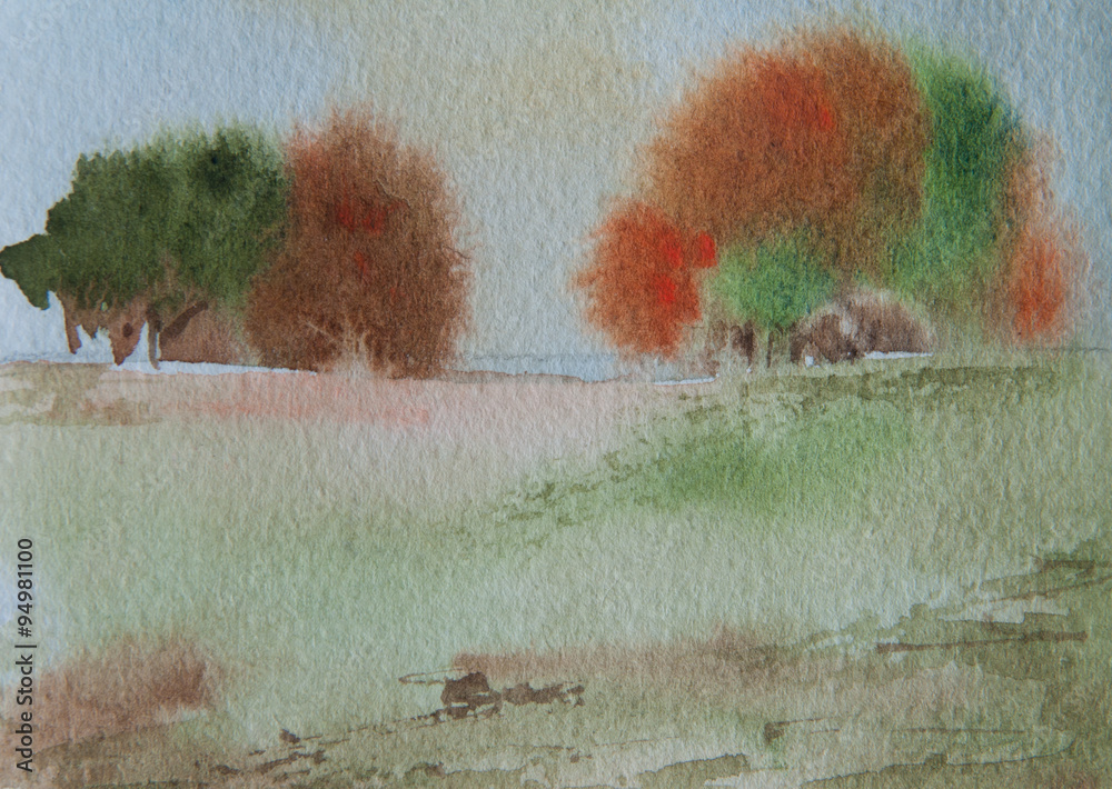 Fototapeta premium Autumn landscape, watercolor painting