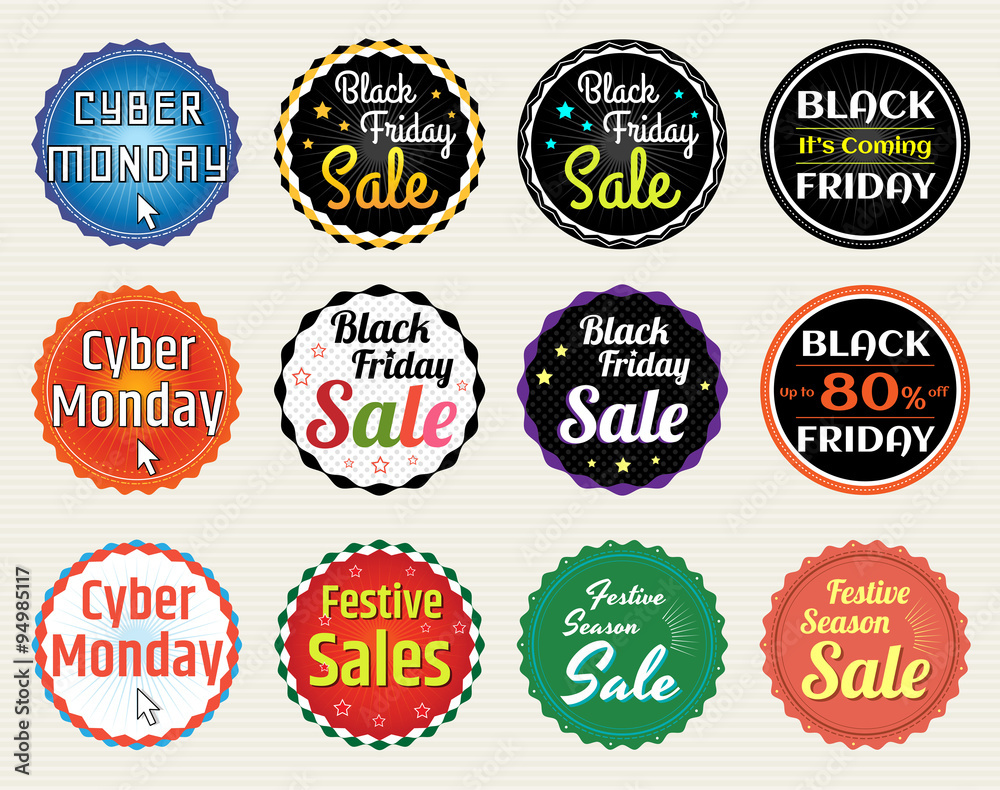 Set of retro promotion discount sale for black Friday cyber Monday and guarantee tag banner la