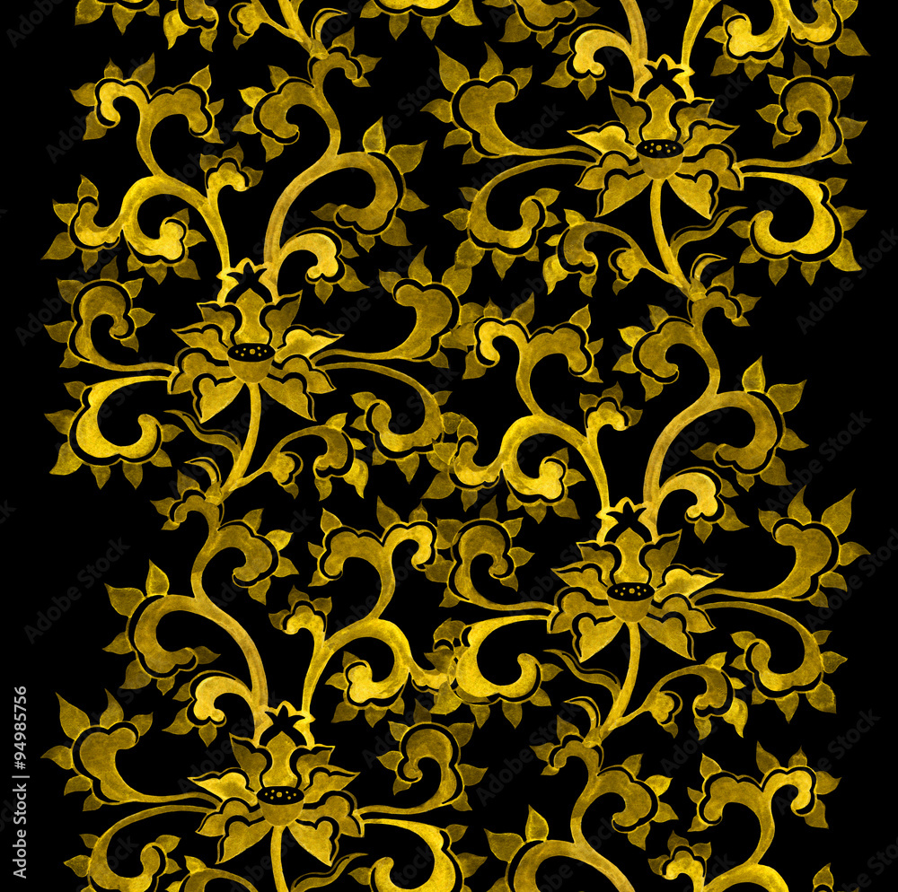 Repeat floral ornamental border with chinese golden flowers. 